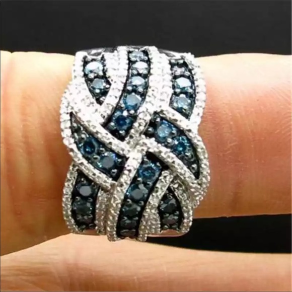 New Silver Blue Sapphire Braided Wide Band Ring - Picture 2 of 3